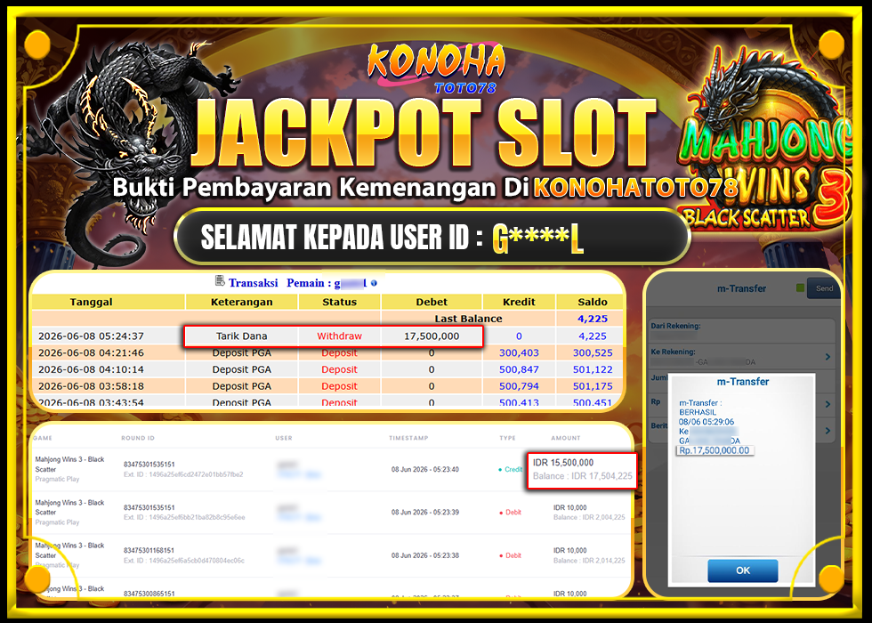 KONOHATOTO78 JACKPOT MAHJONG WINS 3 BLACK SCATTER Rp.Rp.17.500.000,- LUNAS